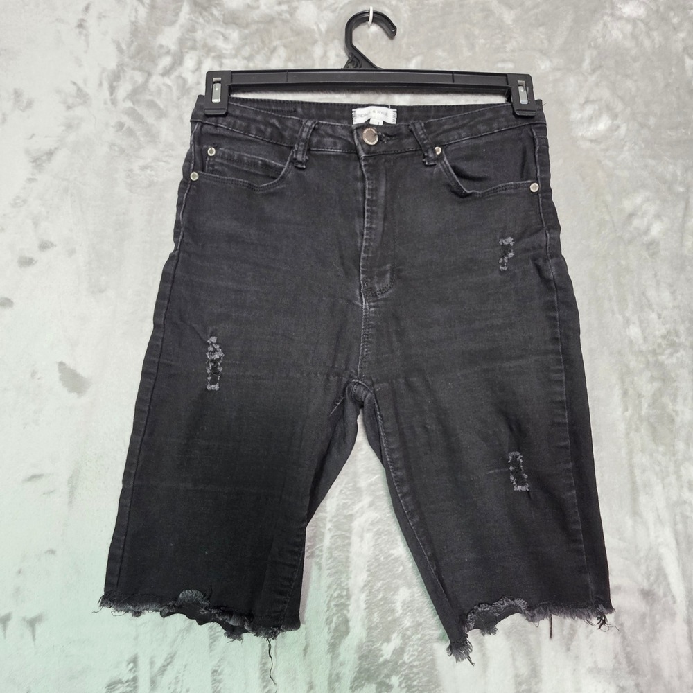 Kendall & Kylie Black Distressed Bermuda Denim Shorts Raw Hem Size 9/10